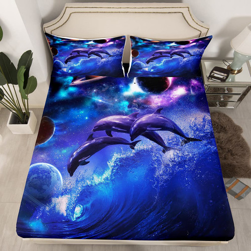 Manfei Dolphin Fitted Sheet Queen Starry Sky Sea Water Bedding Set 3pcs for Kids Teens Room Decor,Planet Galaxy Bed Cover Sea Blue Microfiber Soft Bed Sheet Set with 2 Pillowcases