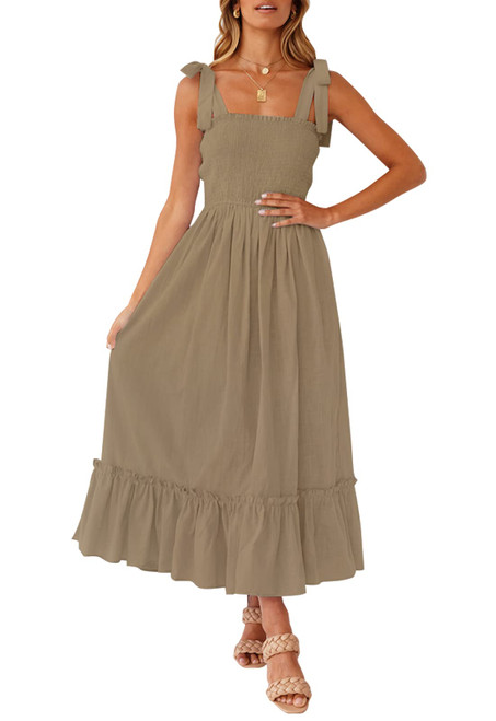 ZESICA Women's 2024 Summer Boho Spaghetti Strap Square Neck Solid Color Ruffle A Line Beach Long Maxi Dress,Khaki,Medium