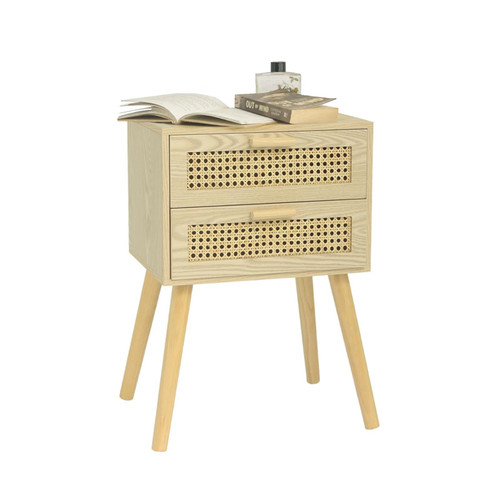AWASEN Rattan Nightstand with Drawers, Modern Bedside Table with Storage, Wood End Side Table for Bedroom and Small Space (Natural Walnut)
