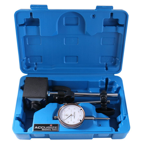 Accusize Industrial Tools 0-1'' by 0.001'' Dial Indicator with Magnetic Base Set, 60 Kg Capacity, Eg00-1038