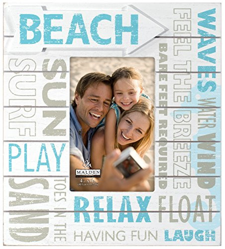 Malden International Designs Beach Silkscreened Words, Arrow Attachment, Routed Wooden Picture Frame, 4x6, Multicolor