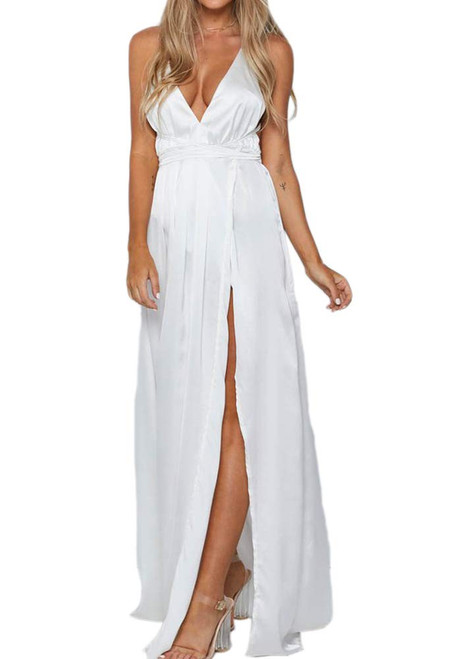 Yimeili Women's Satin Dress Sexy V Neck Backless Split Long Maxi Cocktail Party Dress (M, White) Yimeili Women's Satin Dress Sexy V Neck Backless Split Long Maxi Cocktail Party Dress (M, White)
