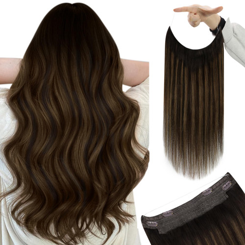 YoungSee Wire Hair Extensions Brown Balayage Invisible Wire Human Hair Extensions Balayage Darkest Brown and Medium Brown Real Hair Wire Extensions Brown Fish Line Hair Extensions 70G 12Inch