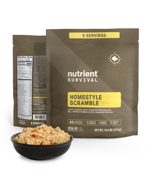Nutrient Survival MRE Homestyle Scramble Eggs, Ready to Eat Meals (9 Servings) Freeze Dried Prepper Supplies & Emergency Food Supply, 40 Essential Nutrients, Shelf Stable Up to 15 Years, Pantry Pack