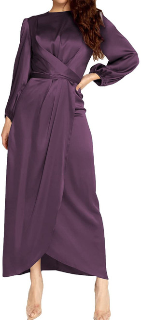 PINUPART Women's Elegant Empire Waist Long Sleeve Satin Occasion Maxi Dress L Deep Purple