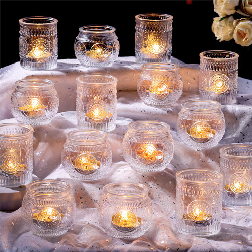48Pcs Clear Votive Candle Holders - Glass Tea Light Candle Holder, Candle Holders Bulk, Embossed Candle Votives for Wedding Centerpiece & Home Decor