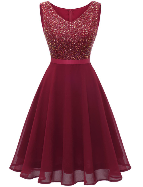 Dressystar Women's V Neck Short Sequin Dress Glitter A-line Swing Cocktail Party Dresses Knee Length SQ10 Dark Red M