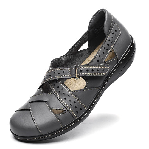 Irrefour Women's Classic Gray Genuine Leather Casual Loafer Cute Slip-On Fashion Closed Toe Flat Sandal Comfy Work Sandal Everyday Walking Shoe 1607-HUI110