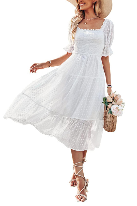 MEROKEETY Women's 2024 White Dress Summer Square Neck Puff Sleeve Boho Midi Dress Swiss Dot Ruffle Flowy Tie Back Dress, White, S MEROKEETY Women's 2024 White Dress Summer Square Neck Puff Sleeve Boho Midi Dress Swiss Dot Ruffle Flowy Tie Back Dress, White, S