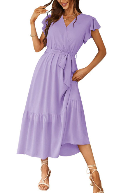 PRETTYGARDEN Women's 2024 Floral Boho Dress Wrap V Neck Short Sleeve Belted Ruffle Hem A-Line Flowy Maxi Dresses (Solid Purple,Medium)
