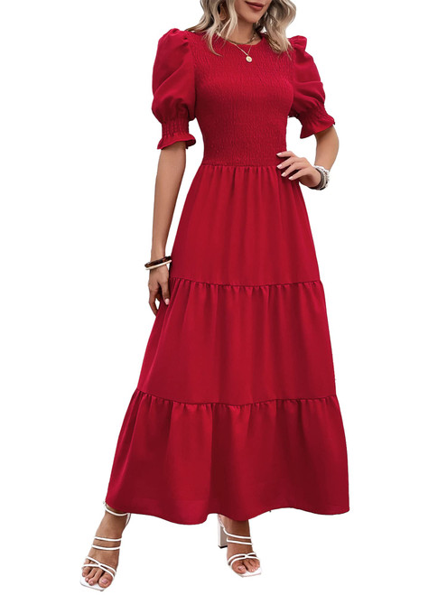 BTFBM Women Casual Summer Dresses 2024 Spring Crew Neck Ruffle Short Sleeve Floral Print Smocked Boho Flowy Maxi Dress(Solid Red, X-Large)