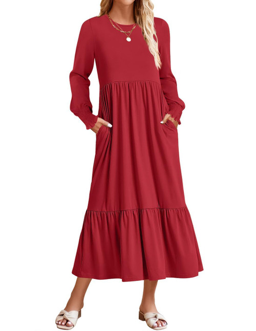 ZESICA Women's 2024 Long Sleeve Dress Crewneck Casual Loose Pleated Tiered Swing Maxi Dresses with Pockets,Red,Small