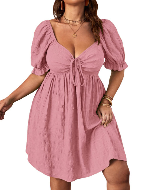 SOLY HUX Womens Plus Size Summer Dresses Sweetheart Neck Puff Short Sleeve Tie Swing A Line Midi Dress Solid Pink 2XL