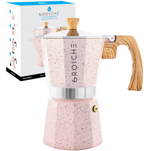 GROSCHE Milano Moka pot, Stovetop Espresso maker, Greca Coffee Maker, Stovetop coffee maker and espresso maker percolator (Pink, 6 cup)