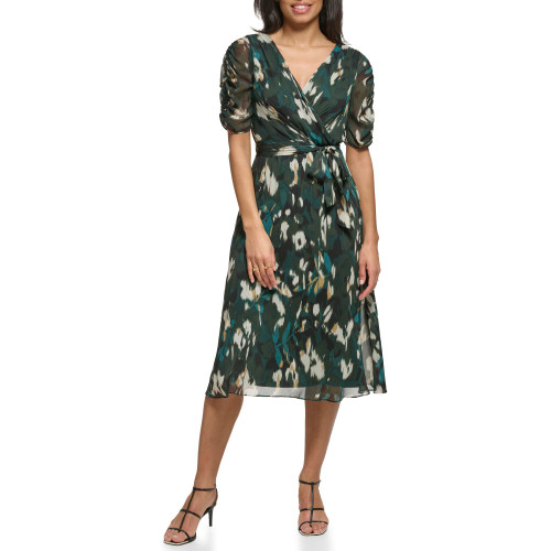 DKNY Women's 3/4th Sleeve Faux Wrap Dress, Pine Multi