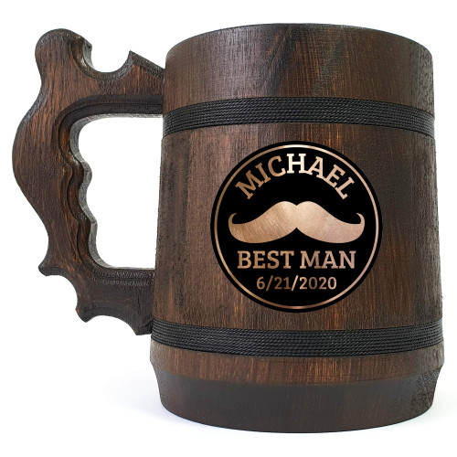 Mustache Beer Stein, Best Man Wooden Beer Mug, Personalized Groomsman Wooden Beer Tankard, Wedding Gift, Personalized Wooden Beer Mug, Personalized Engraved Beer Mug