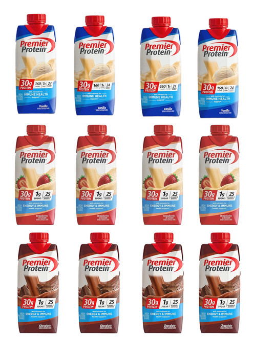 Premier Protein High Protein Shake, 30g Protein, Strawberry Cream, Chocolate, and Vanilla, Variety 12 pack (11 Fl oz.) By World Group Packing Solutions