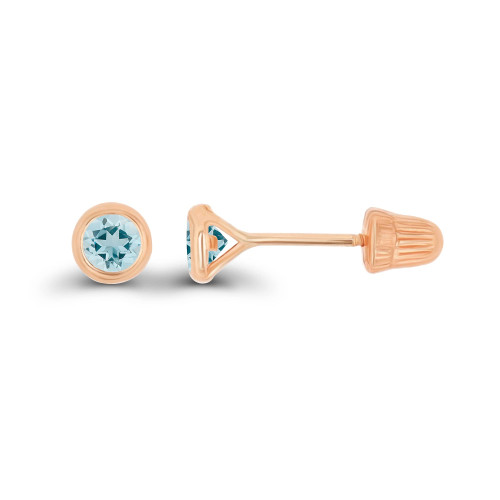Solid 14K Rose Gold 3mm Round Natural Aquamarine March Birthstone Bezel Screw Back Stud Earrings Solid 14K Rose Gold 3mm Round Natural Aquamarine March Birthstone Bezel Screw Back Stud Earrings