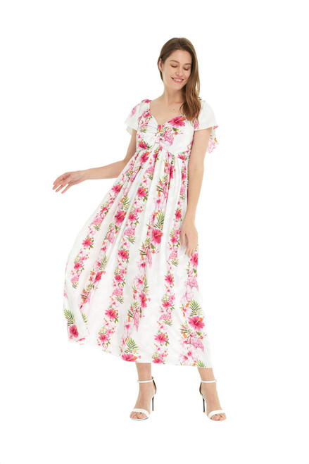 Women's Hawaiian Maxi Ruffle Sleeve Dress Pink White Hibiscus Vine