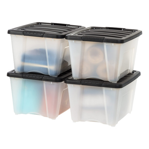 IRIS USA 32 Quart Stackable Plastic Storage Bins with Lids and Latching Buckles, 4 Pack - Clear/Black, Containers with Lids and Latches, Durable Nestable Closet, Garage, Totes, Tubs Boxes Organizing