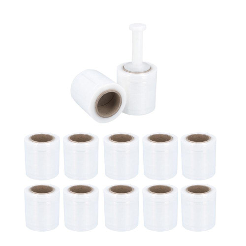 PSBM Mini Stretch Wrap with Plastic Handle, 12 Pack, 5 Inch x 600 Feet, 120 Gauge, Clear Plastic Cling, Hand Shrink Film for Pallet Moving Packing