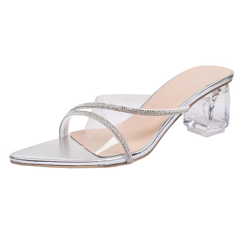 BEAUPAS Clear Heels for Women Chunky Heel Slides Rhinestone Heeled Sandals Transparent Low Block Heels Mules Pointed Open Toe Slip On Sandals(Silver,8)