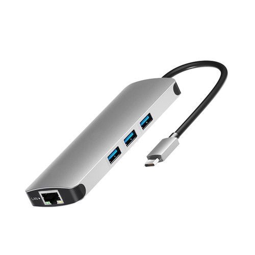 QAZWSXED LESANGBAIHUODIAN 9 in 1 USB C Hub Type C 3 USB 3.0 HDMI Compatible TF Card PD RJ45 AUX Adapter HDMI Reader Charger Station Splitter (Color : Silver)