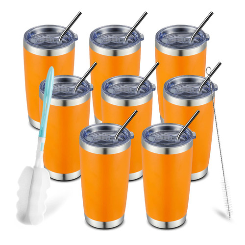 COMOOO 20oz 8 Pack Tumbler Double Wall Vacuum Insulated Coffee Travel Mug Stainless Steel Tumbler Bulk with Lid and Straw Insulated Coffee Cup for Cold & Hot Drinks (Orange, 8 Pack)