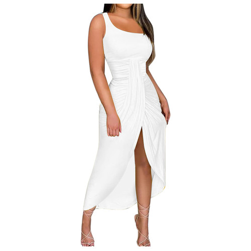 QIGUANDZ Womens Sexy One Shoulder Ruched Split High-Low Dress Summer Draped High Waist Sleeveless Club Party Maxi Dresses White QIGUANDZ Womens Sexy One Shoulder Ruched Split High-Low Dress Summer Draped High Waist Sleeveless Club Party Maxi Dresses White