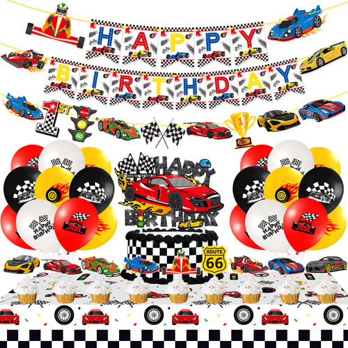 52pcs Racing Car Theme Birthday Party Supplies Race Car Happy Birthday Banner Racing Latex Balloons Tablecloth Cupcake Cake Topper Decorations for Kids Boys Let's Go Racing Party Baby Shower Supplies
