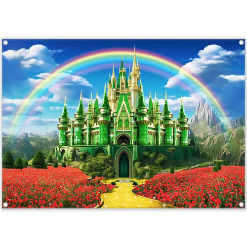 Yriujul 7x5ft Polyester Emerald Green Castle Backdrop Yellow Brick Road Rainbow Sky Photography Background Poppy Floral Banner Party Decorations Photo Props