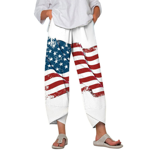 Bblulu Palazzo Pants for Women Casual Cotton Tapered Capri Pants Elastic Waist Solid Loose Wide Leg Pants with Pockets White