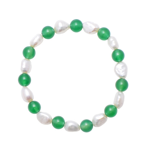 8-9 MM Green Agate Beads Mixed Freshwater Cultured Pearls Stretch Bracelet 8 Inch