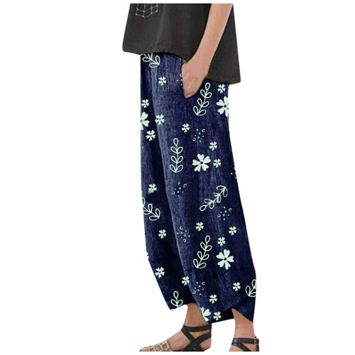 Bblulu Flowy Wide Leg High Waisted Pants Elastic Waist Drawstring Trousers Casual Loose Fit Palazzo Pants Blue