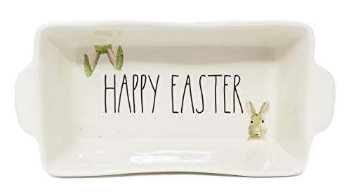 Rae Dunn By Magenta HAPPY EASTER Ceramic LL 9 x 5 Loaf Pan Baking Dish With Bunny Rabbits Icon Art