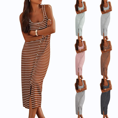 Summer Sundresses for Women Casual Sleeveless Striped Maxi Dresses Crewneck Racerback Front Slit Sexy Long Tank Dress Orange Summer Sundresses for Women Casual Sleeveless Striped Maxi Dresses Crewneck Racerback Front Slit Sexy Long Tank Dress Orange