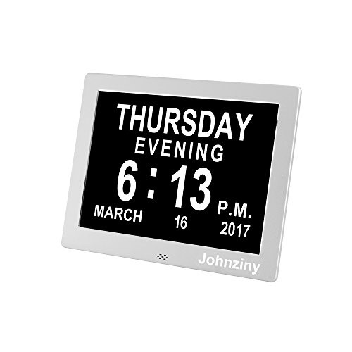 Johnziny Digital Calendar Day Clock-8 Alarms Extra Large Display Dementia Alzheimer Memory Loss Impaired Vision Alarm Clock with Backup Battery for Seniors/Elderly