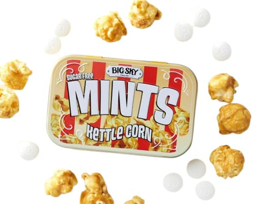 Big Sky Sugar Free Kettle Corn Mint Candy, 50g Tin - 6 Count Display Tray