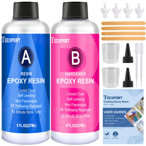Teexpert Epoxy Resin Crystal Clear: 16OZ Epoxy Resin Kit 3X Yellowing Resistant High Gloss for Casting Coating Art DIY Craft Jewelry- 2 Part(8OZ Resin and 8OZ Hardener)