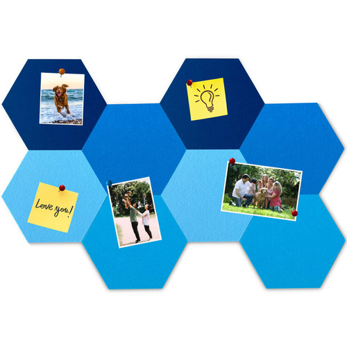HULAVO 8Pcs Hexagon Felt Cork Board Tiles, Self Adhesive DIY Bulletin Board Pin Board for Office School Home Wall Decor Stickers Memos Photos Display (Gradual Blue)