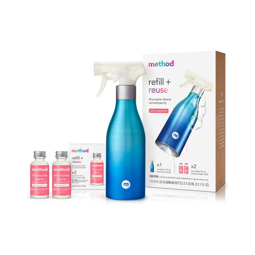 Method All-Purpose Cleaner Concentrates Starter Kit, Pink Grapefruit, 1 Reusable 14 fl oz Bottle and 2 Recyclable 1 fl oz Refills Method All-Purpose Cleaner Concentrates Starter Kit, Pink Grapefruit, 1 Reusable 14 fl oz Bottle and 2 Recyclable 1 fl oz Refills