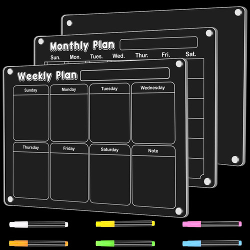 VOISEN 3Pcs Acrylic Magnetic Monthly and Weekly Calendar for Fridge,Clear Acrylic Calendar Planning Board Set, Magnetic Planner Board for Fridge Reusable, Includes 6 Dry Erase Markers with 6 Colors