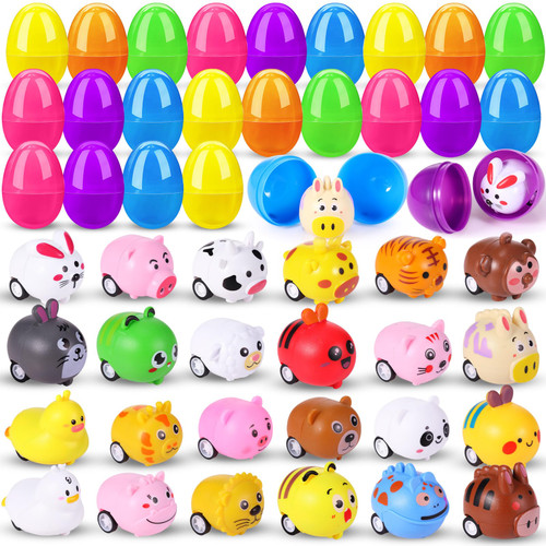 Halloscume 24 Set Easter Eggs Filled with Animal Pull Back Car Toys, Plastic Easter Eggs with Toys Inside Plastic Easter Eggs Filler Easter Gift Easter Basket Stuffers for Kids