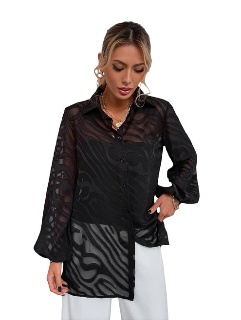 MakeMeChic Women's Sheer Blouse Lantern Sleeve See Through Button Down Shirt Top Black S