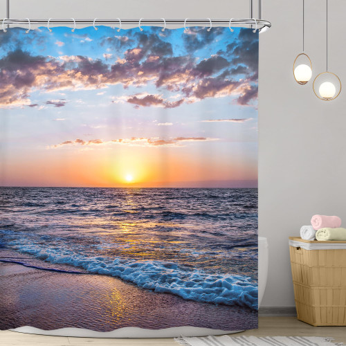 Riyidecor Ocean Beach Shower Curtain 60Wx72H Inch Seaside Blue Sea Shore Sunrise Sunset Marine Sky Landcape Scenic Vivid Wave Coastal Hawaii Bathroom Decor Fabric Polyester Waterproof 12 Pack Hooks