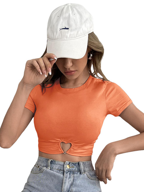 SOLY HUX Women's Summer Crop Top Short Sleeve T Shirt Cut Out Tee Solid Orange M