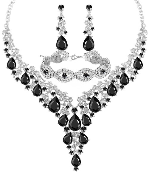 Paxuan Wedding Bridal Bridesmaid Austrian Crystal Rhinestone Jewelry Sets Statement Choker Necklace Drop Dangle Earrings Sets for Wedding Party Prom (Necklace + Earring + Bracelet (Black))