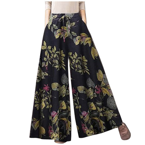 Bblulu Elastic High Waist Wide Leg Trousers Casual Loose Crop Elastic Waist Pants Summer Linen Palazzo Loose Trousers Blue