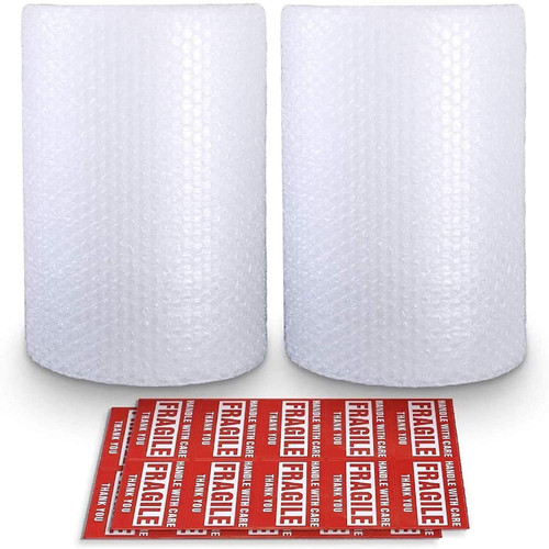 2-Pack Bubble Cushioning Wrap Rolls, 3/16" Air Bubble, 12 Inch x 72 Feet Total, Perforated Every 12", Include 20 Fragile Stickers