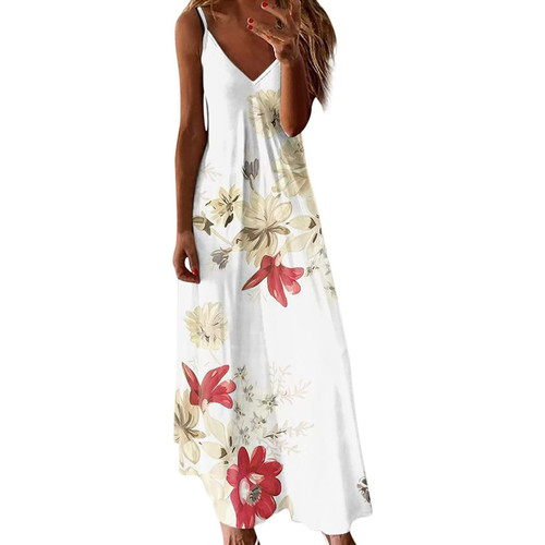 Casual Summer Dresses for Women Women Summer Casual Sexy Sleeveless V Neck Long Flower Print Dress White
